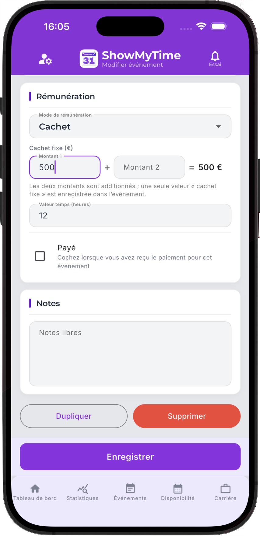 ShowMyTime mobile — modifier un événement : cachet, heures et notes.